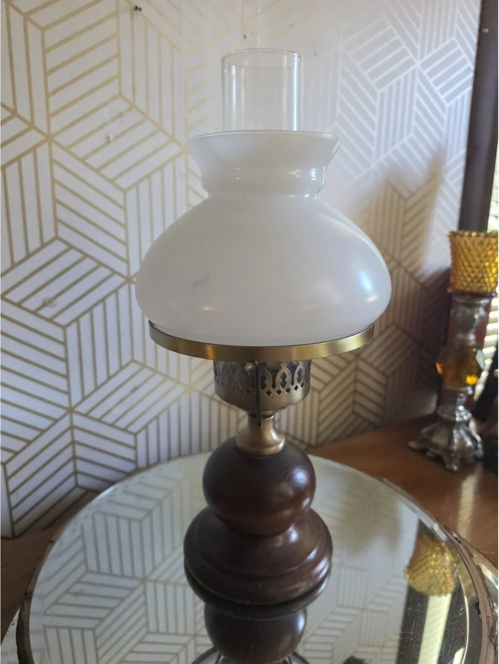 Vintage Hurricane Candle Lamp Wood & Brass Color With Chimney And Shade 14